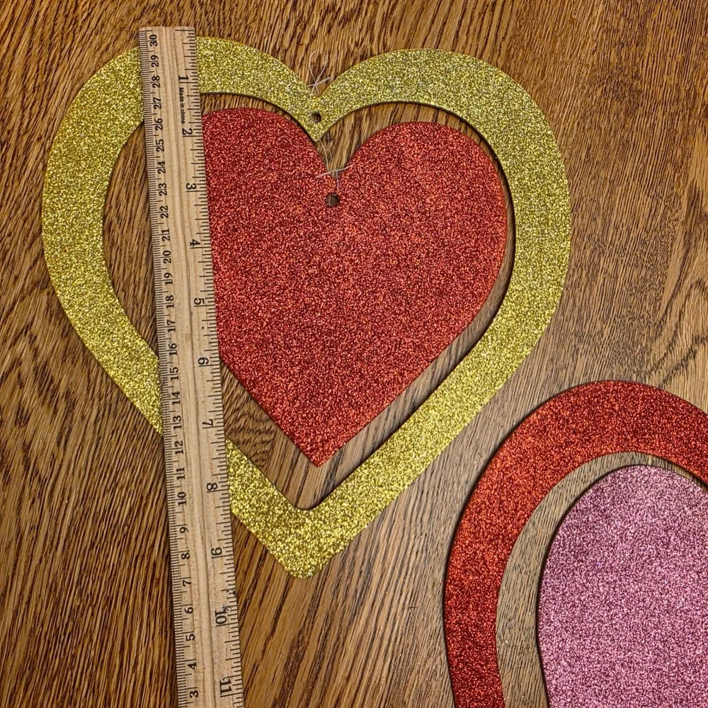 Vintage 90s 2 Glitter Hanging Hearts Valentines Day Decor Red Gold Pink 10x11in